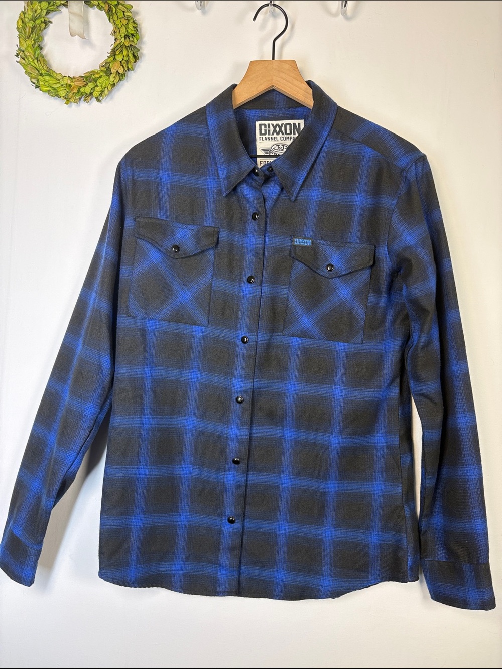 DIXXON J&P Cycles Form and Function Blue Plaid Snap Flannel size large Women’s